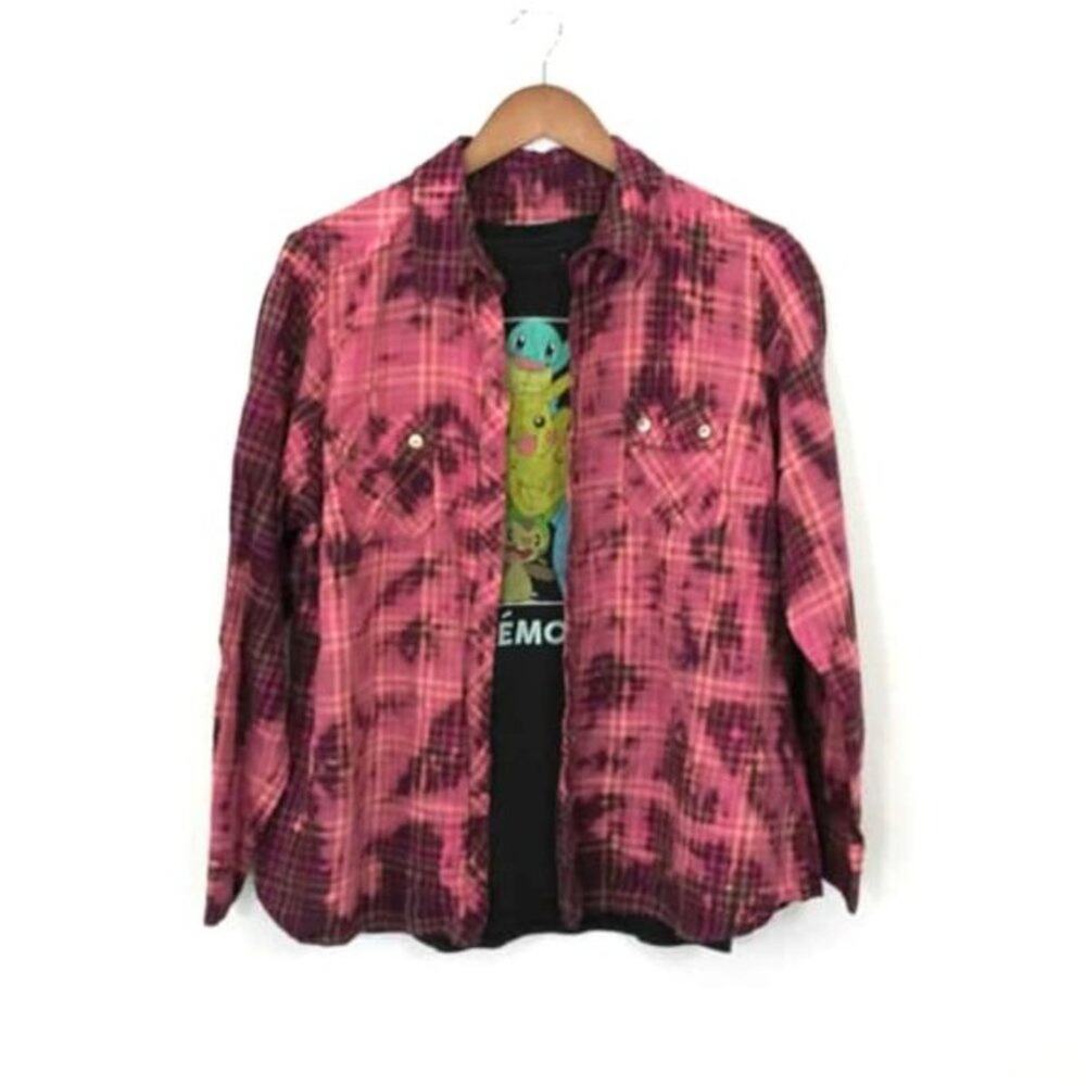 Upcycled Tie Dye Bleached Plaid Button Down Shirt